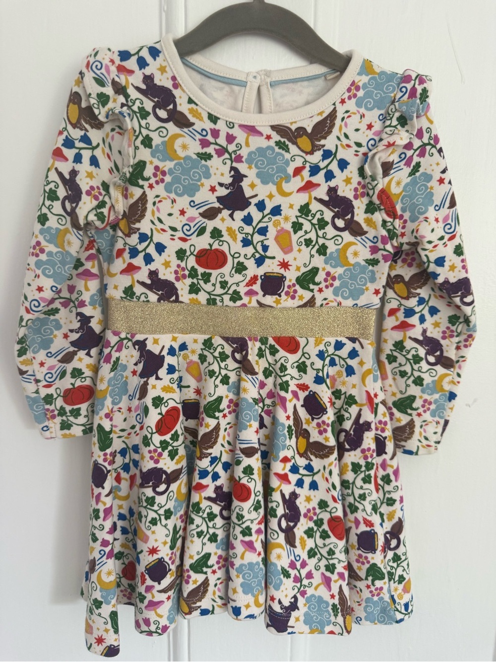 Mini Boden White Long-Sleeve Fairy Tale Print Dress with Gold Waistband